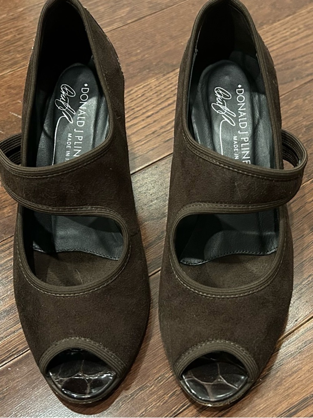 Donald J Pliner Dark Brown Suede Mary Jane Peep-Toe Heels. Size 5